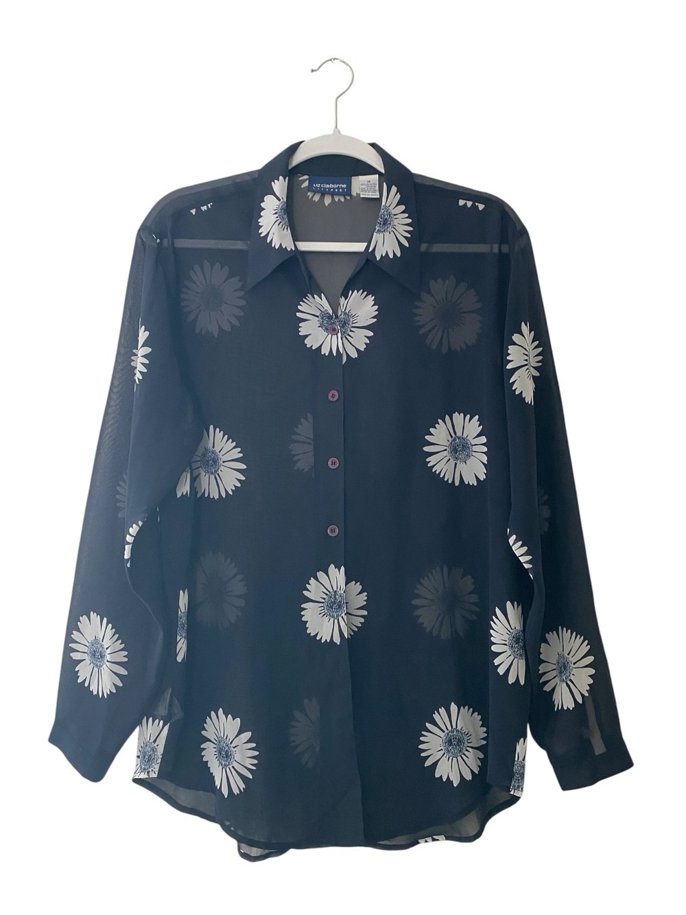 Liz Claiborne Sheer Navy Blue Button-Up Shirt - Floral Pattern Size M